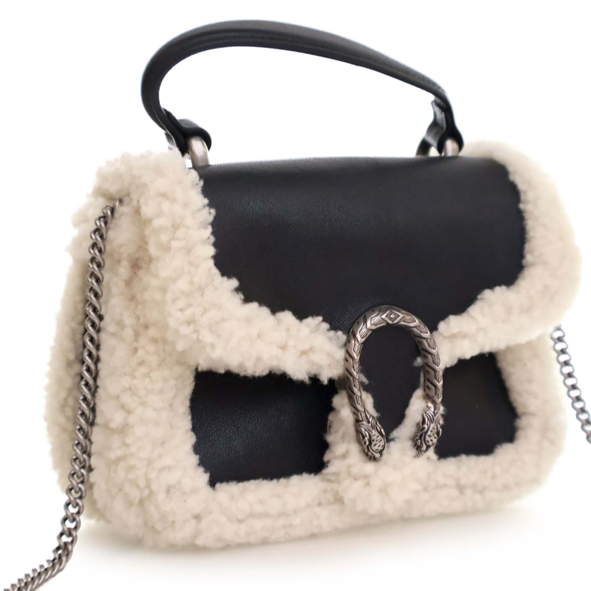 Gucci Mini Leather and Shearling Dionysus Top Handle Bag