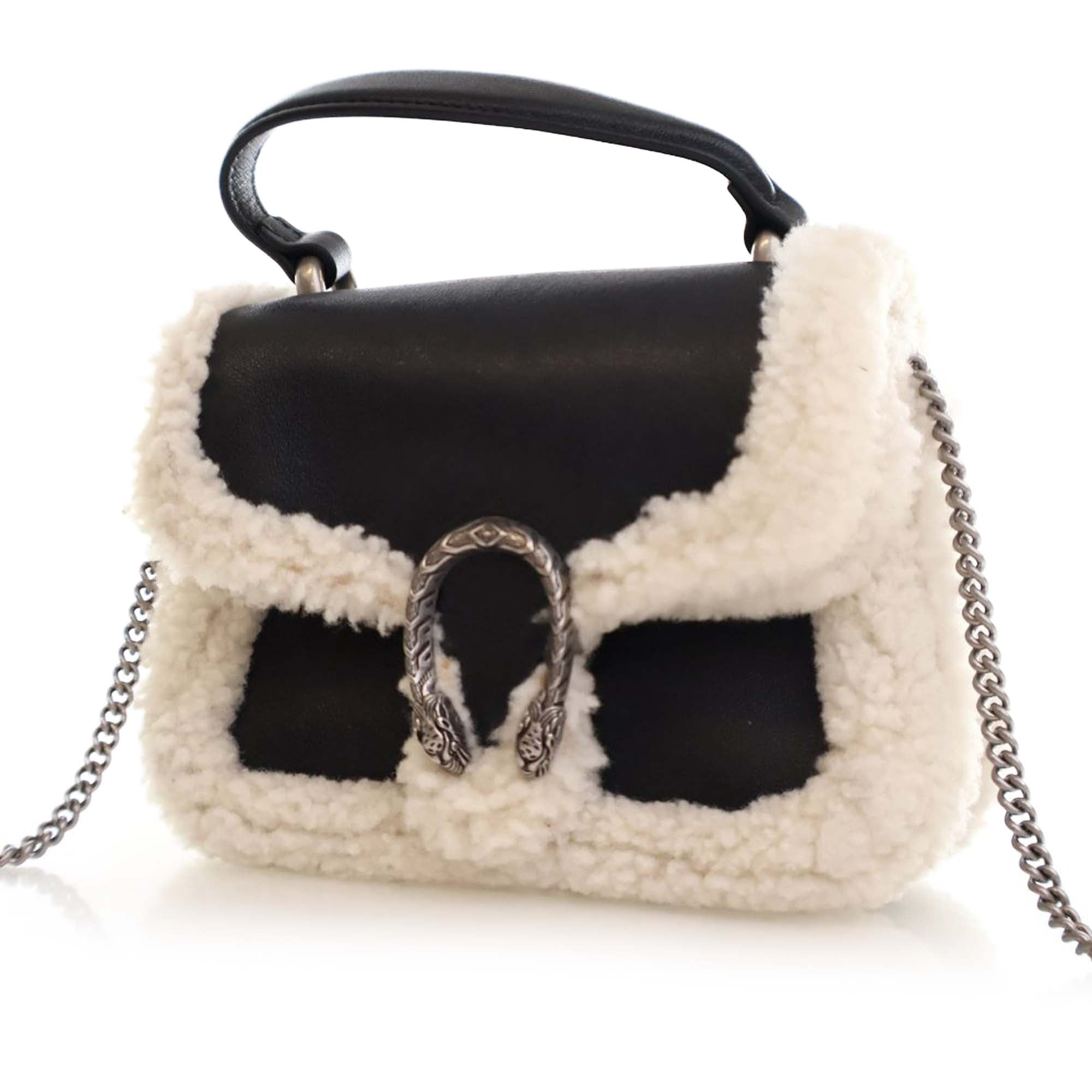 Gucci Mini Leather and Shearling Dionysus Top Handle Bag