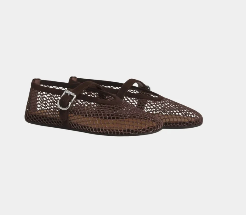 Alaïa Ballet Flats In Fishnet and Suede Goatskin Dark Brown