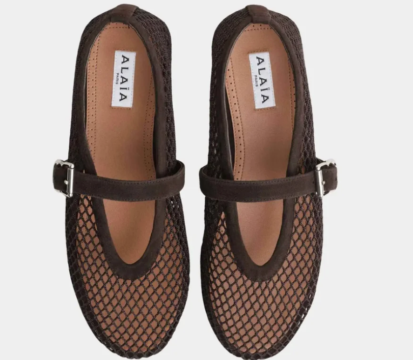 Alaïa Ballet Flats In Fishnet and Suede Goatskin Dark Brown