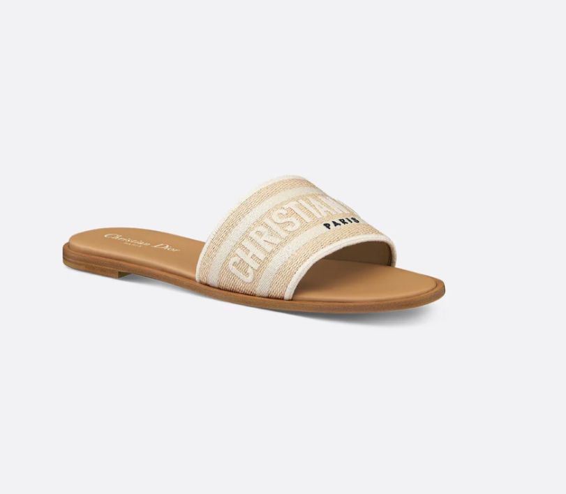Dior Dway Slide in Natural Raffia and White Embroidered Cotton