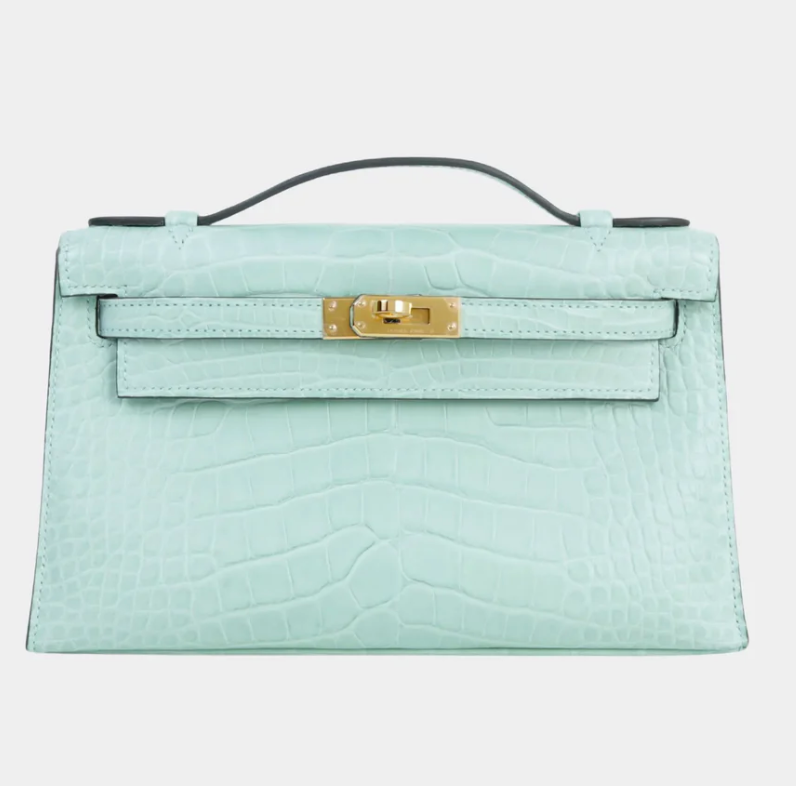 Hermès Kelly Pochette Matte Alligator Vert D’Eau GHW