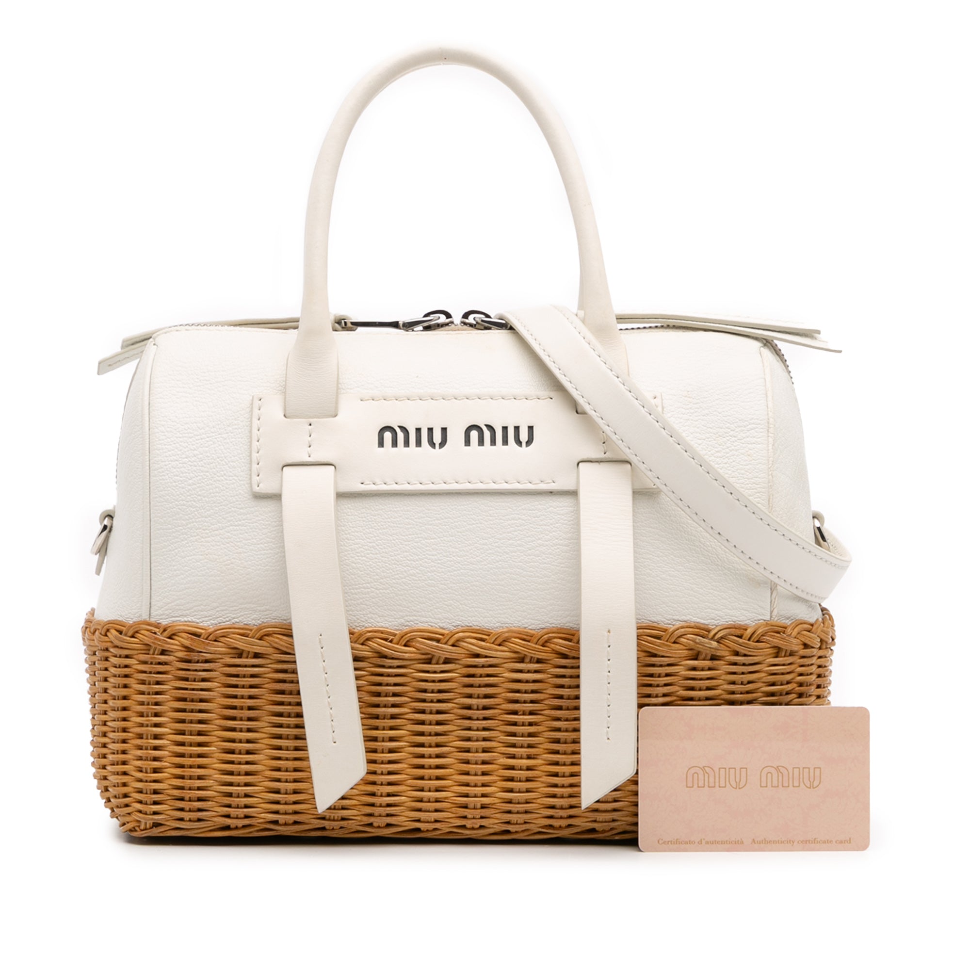 Miu Miu Wicker Trimmed Leather Top Handle Bag