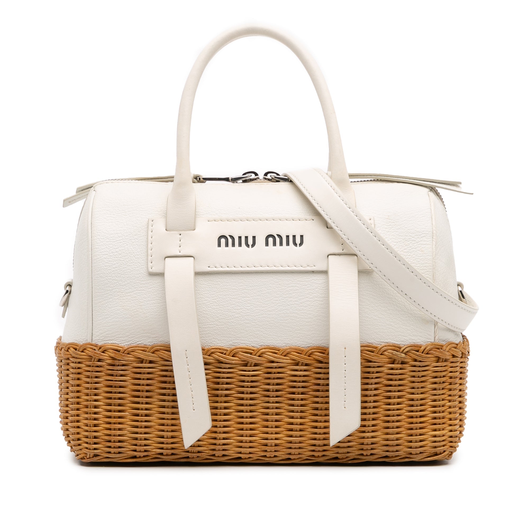 Miu Miu Wicker Trimmed Leather Top Handle Bag - The Boutique