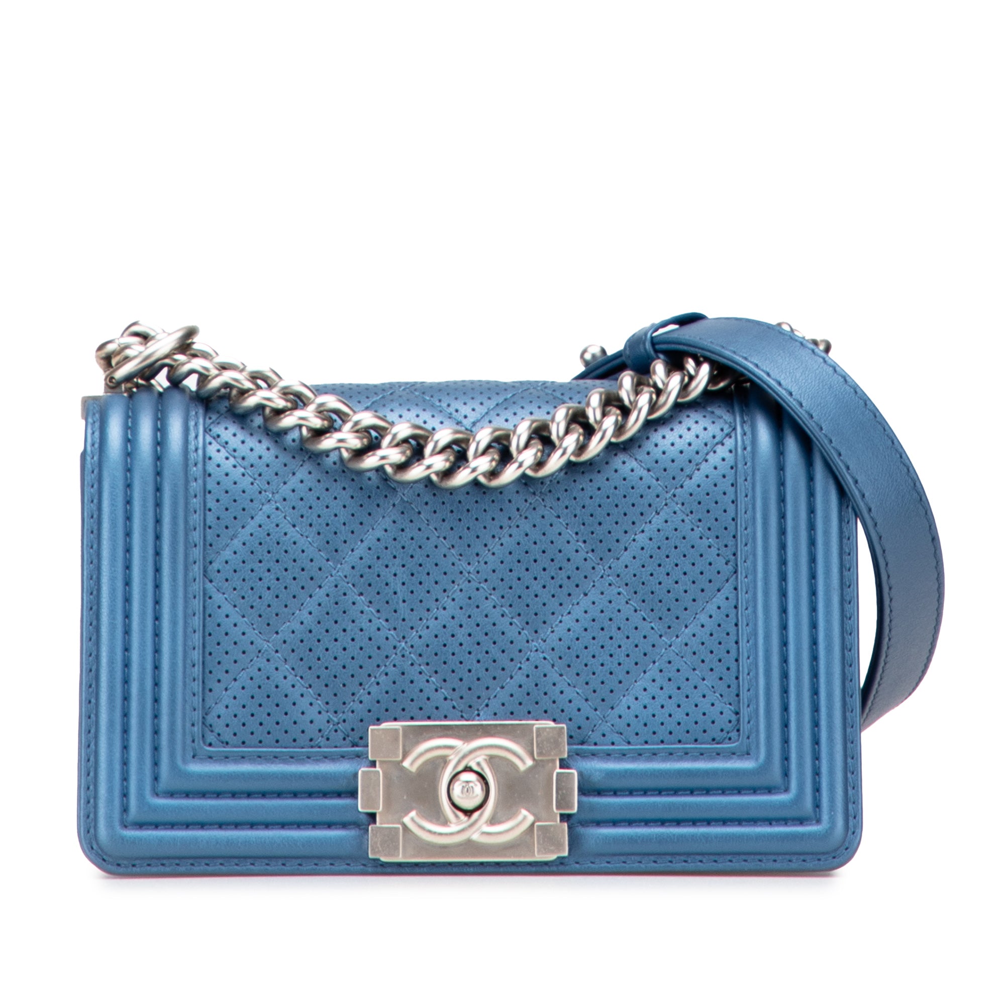 Small Quilted Perforated Metallic Lambskin Boy Flap