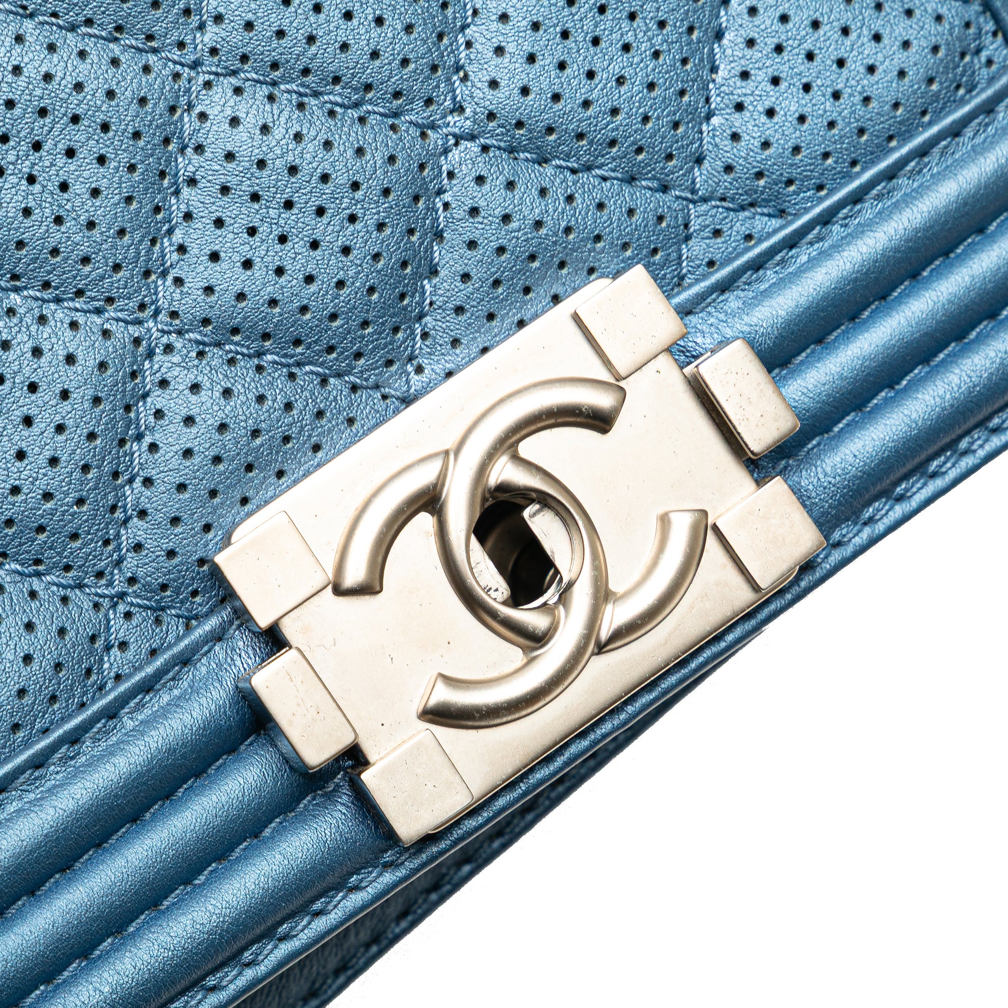 Small Quilted Perforated Metallic Lambskin Boy Flap