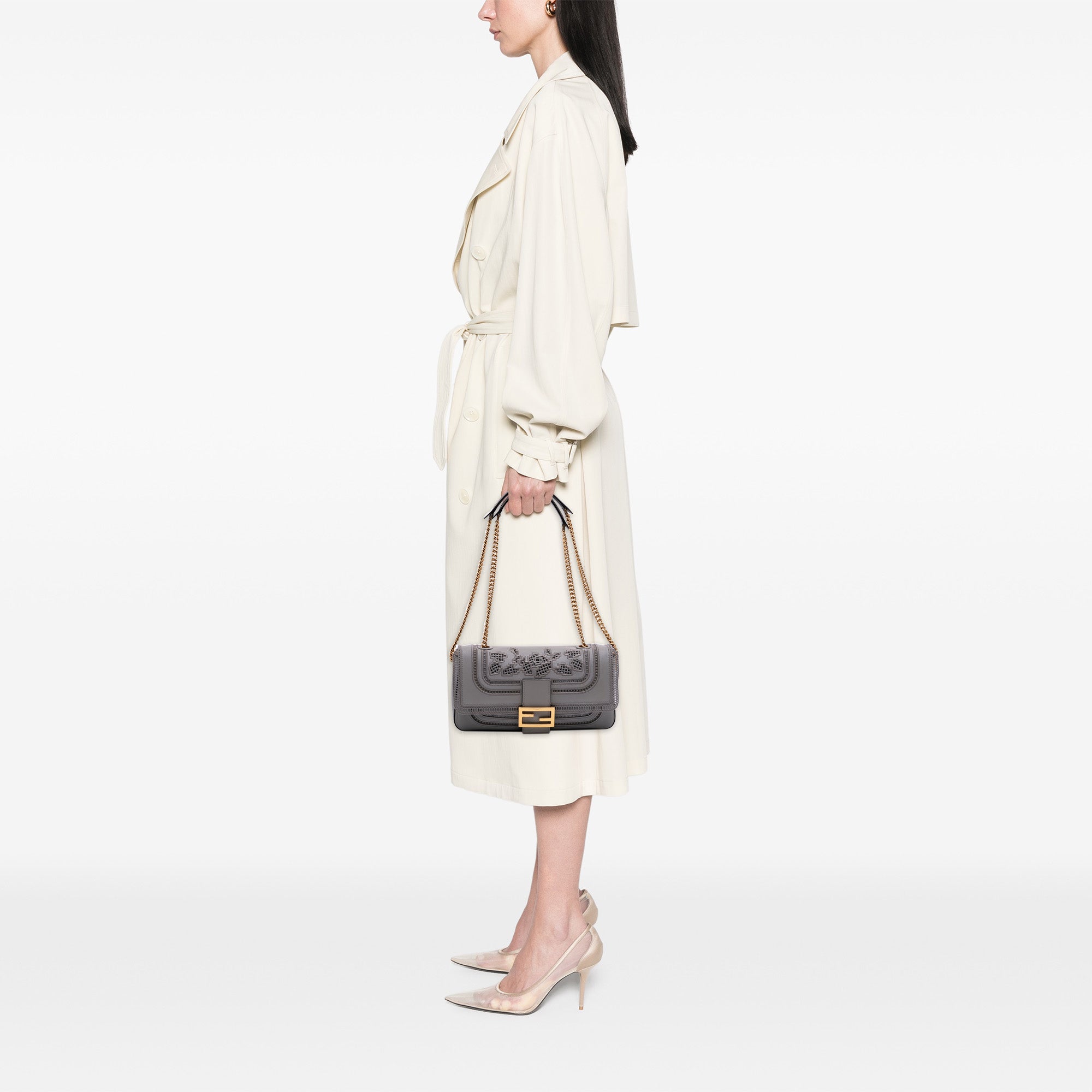 Fendi Embroidered Lace Leather Baguette Chain