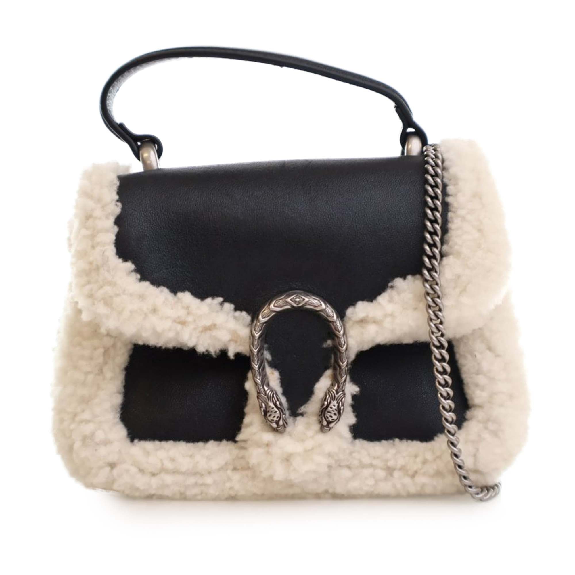 Gucci Mini Leather and Shearling Dionysus Top Handle Bag