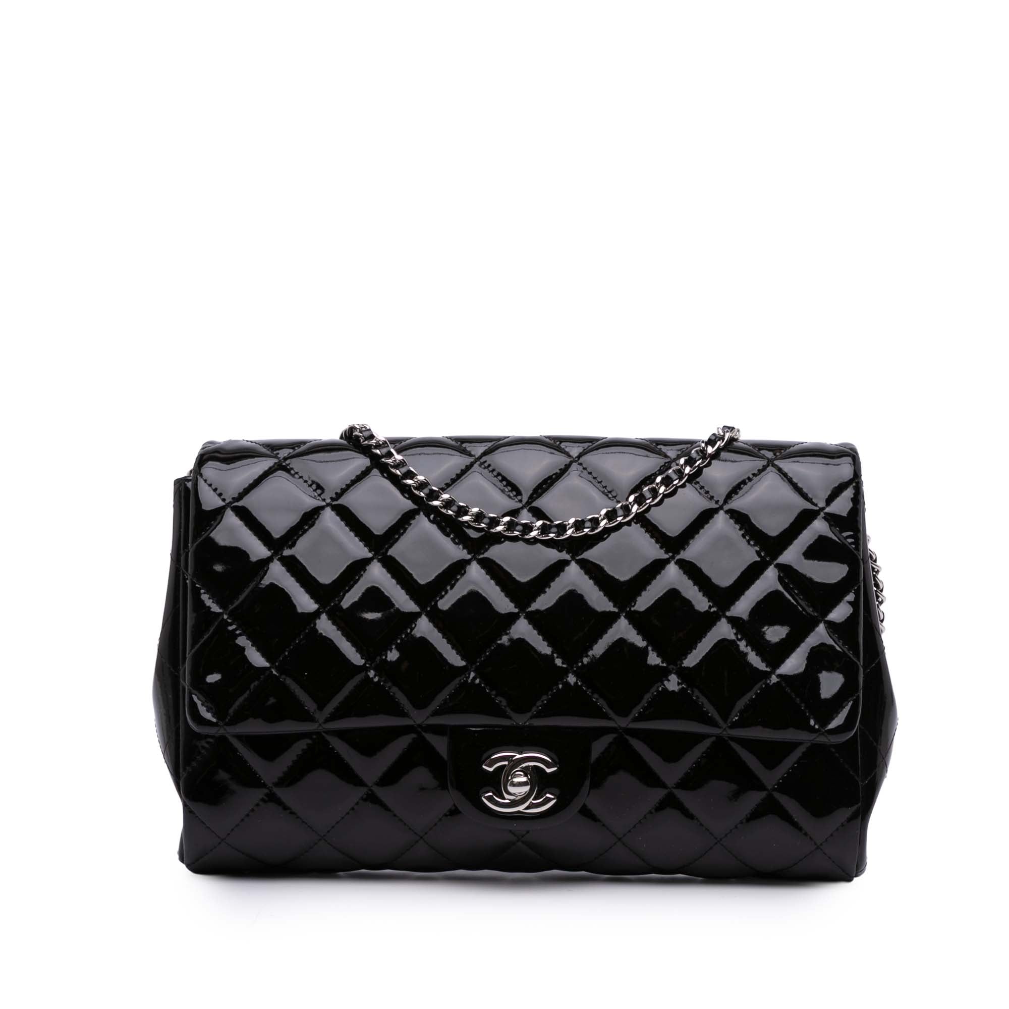 CC Quilted Patent Clutch With Chain