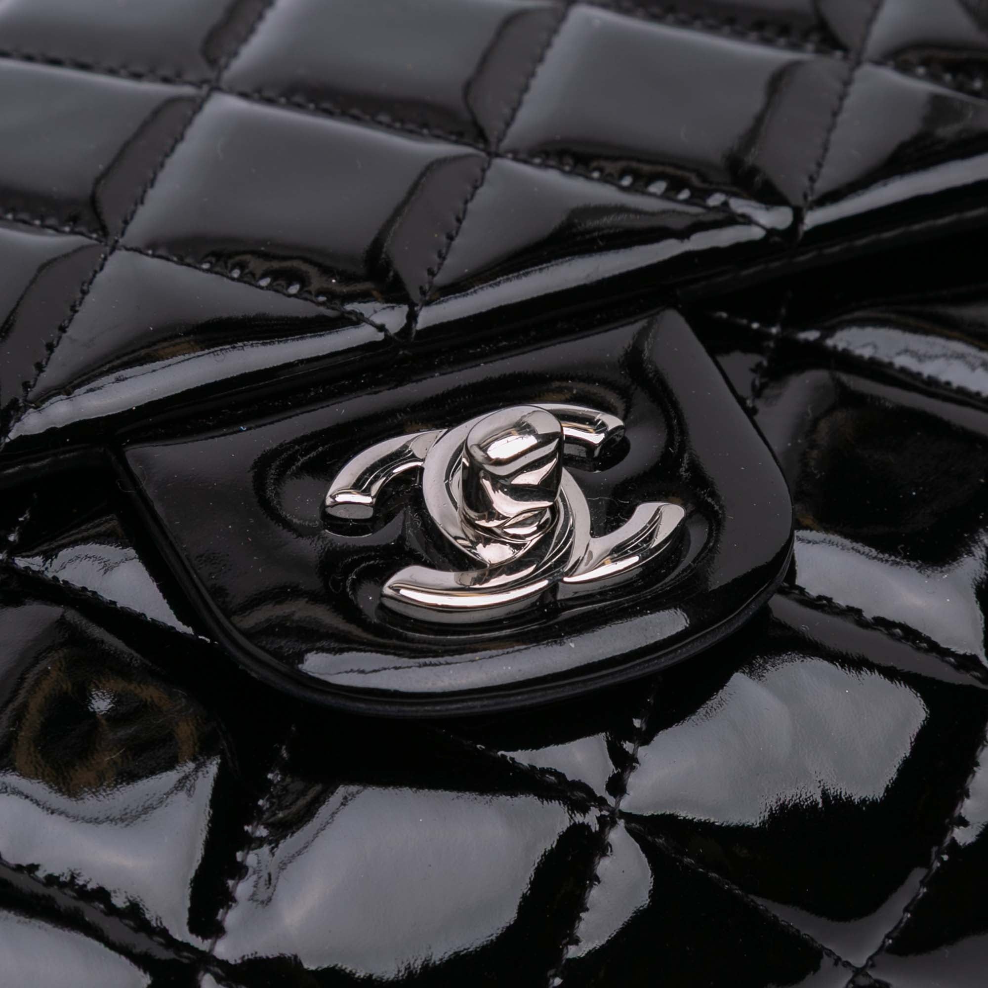 CC Quilted Patent Clutch With Chain