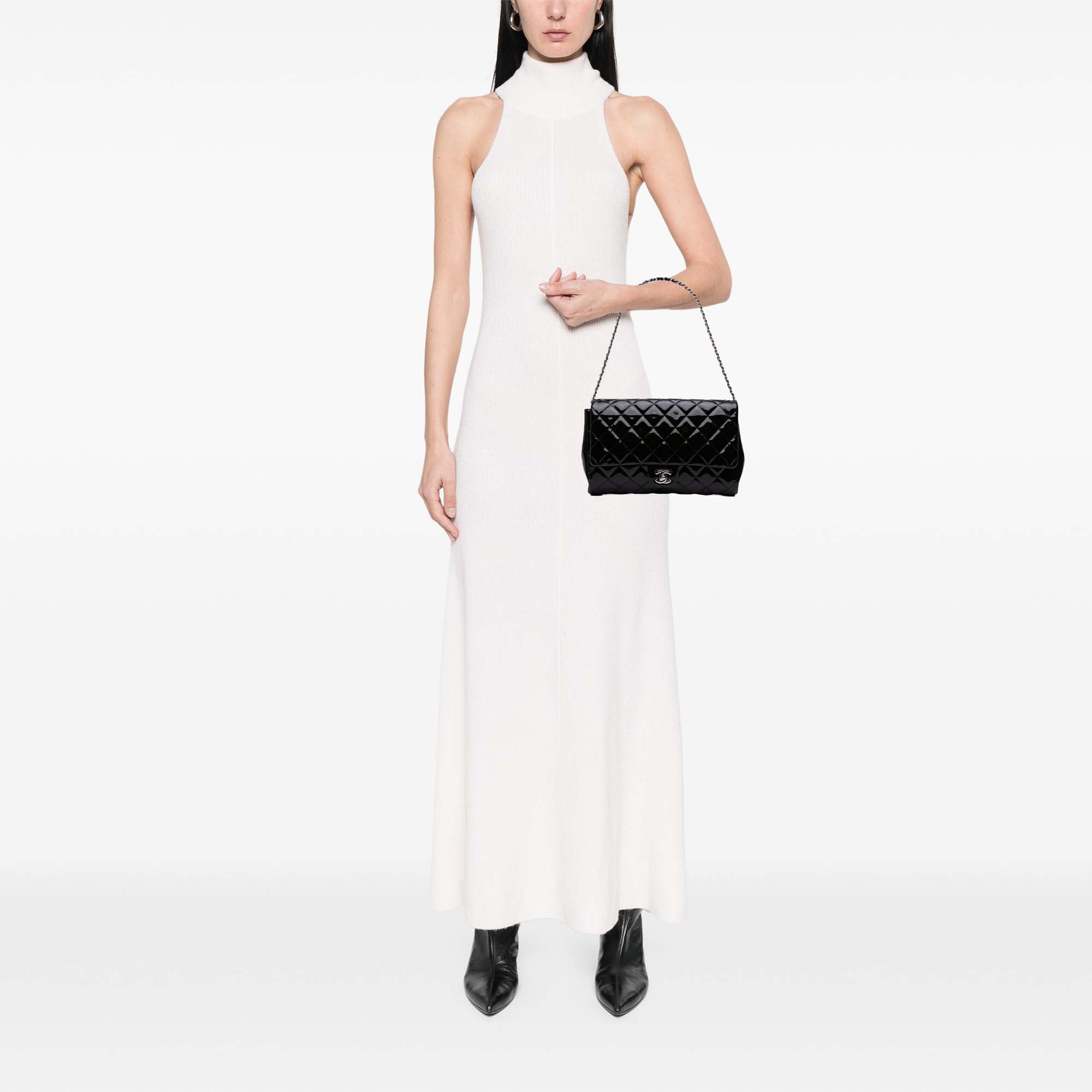 CC Quilted Patent Clutch With Chain