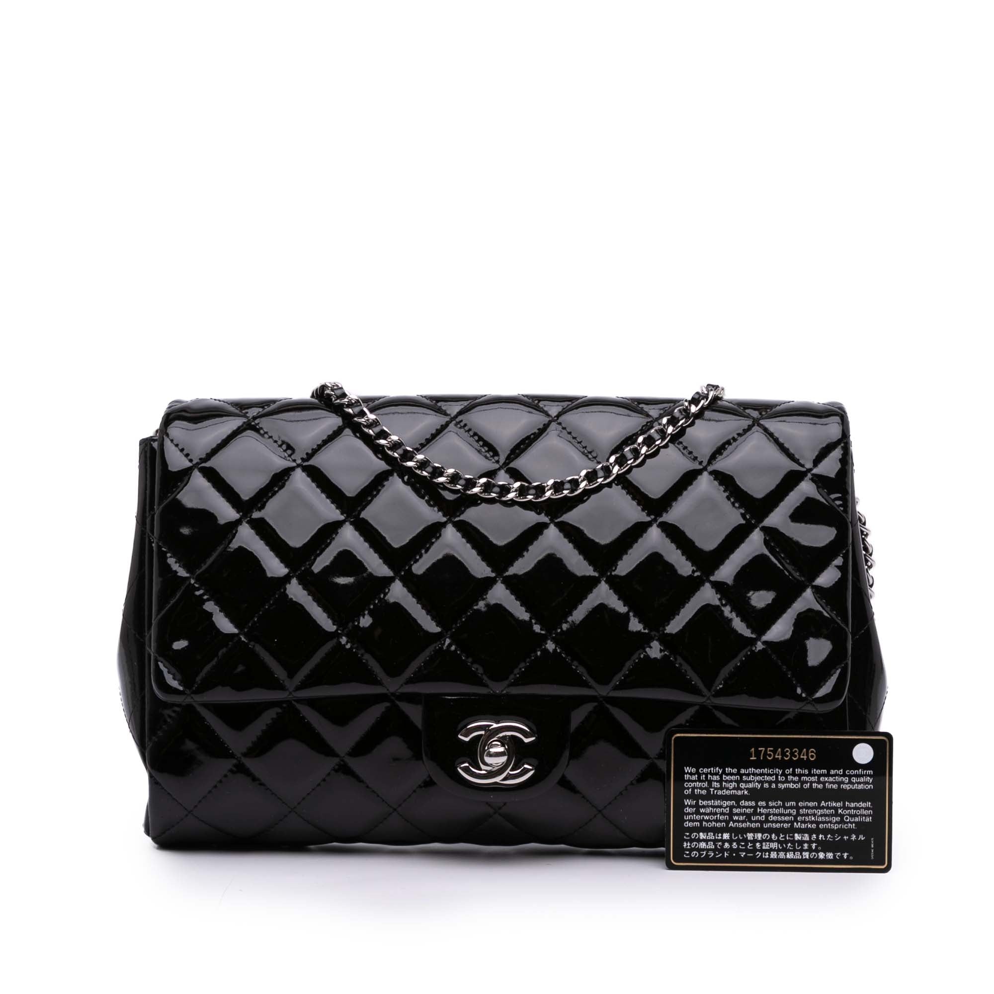 CC Quilted Patent Clutch With Chain