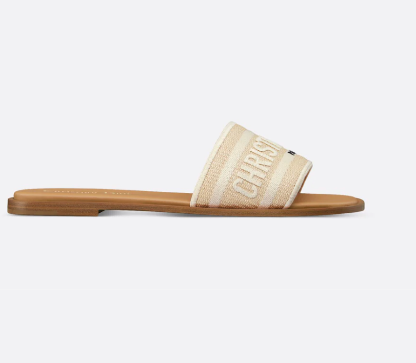Dior Dway Slide in Natural Raffia and White Embroidered Cotton