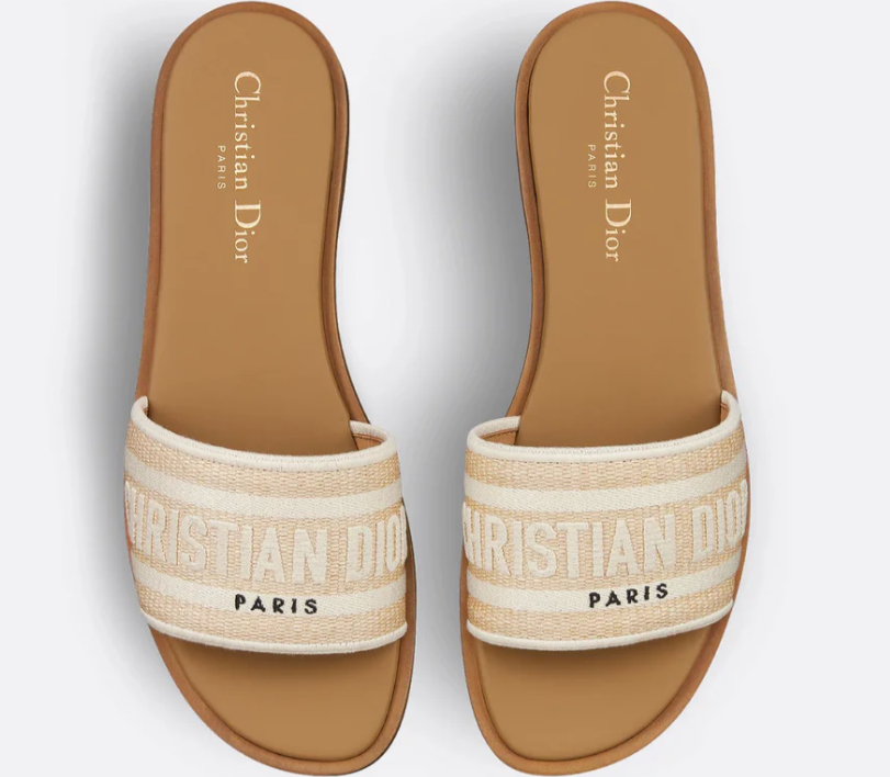 Dior Dway Slide in Natural Raffia and White Embroidered Cotton