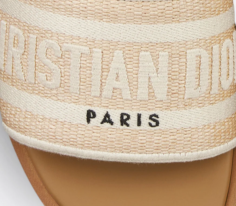 Dior Dway Slide in Natural Raffia and White Embroidered Cotton
