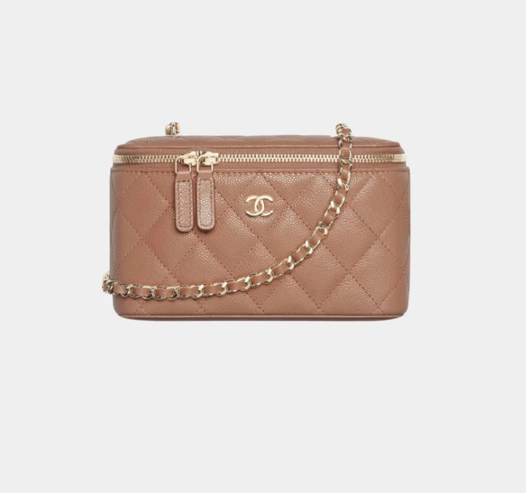 Chanel Classic Long Vanity Bag Grained Calfskin Brown With Gold Tone Hardware