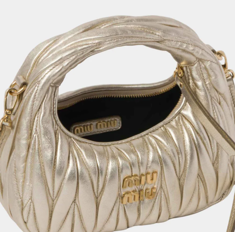 Miu Miu Wander Matelassé Nappa Leather Hobo Mini Bag Pyrite