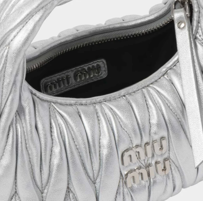 Miu Miu Wander Matelassé Nappa Leather Hobo Mini Bag Silver