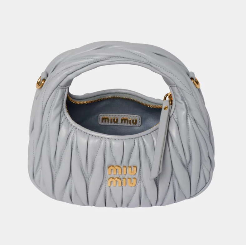 Miu Miu Wander Matelassé Nappa Leather Hobo Mini Bag Pearl Gray