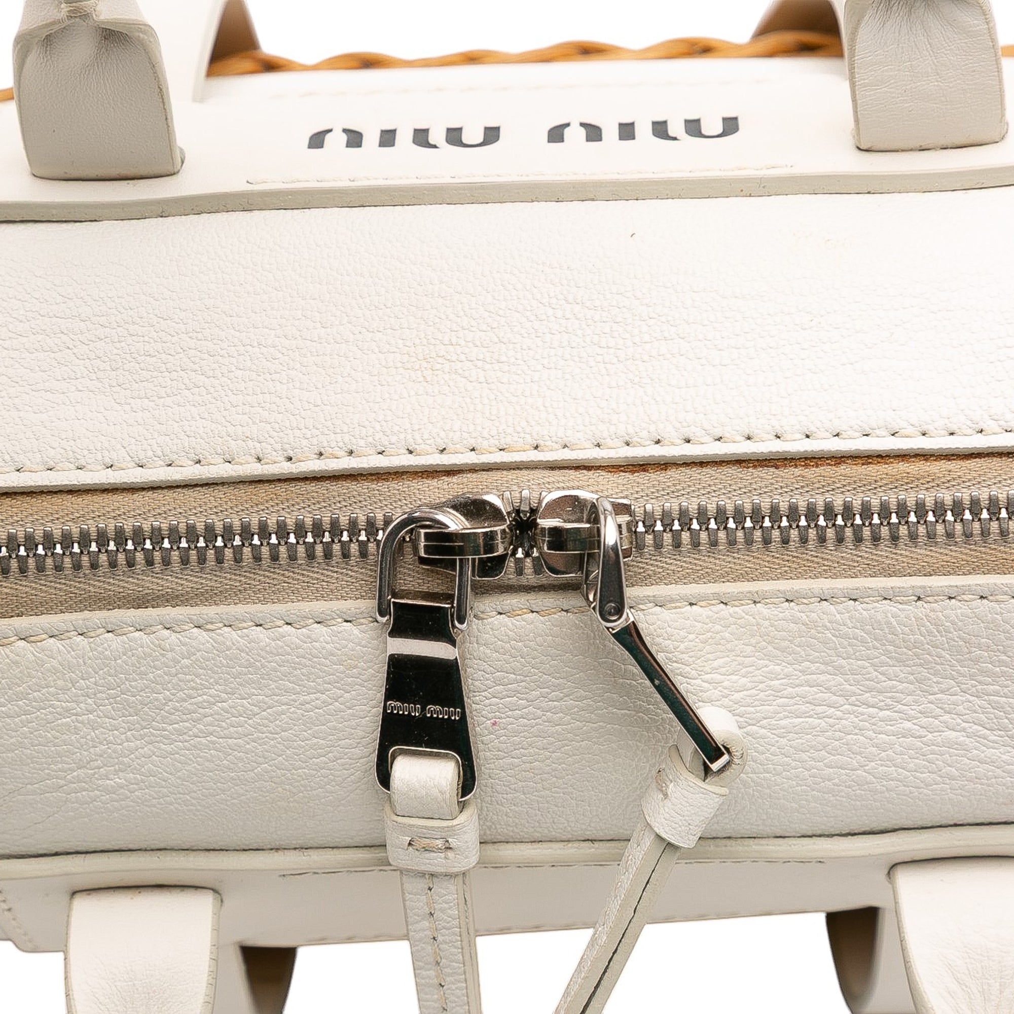 Miu Miu Wicker Trimmed Leather Top Handle Bag
