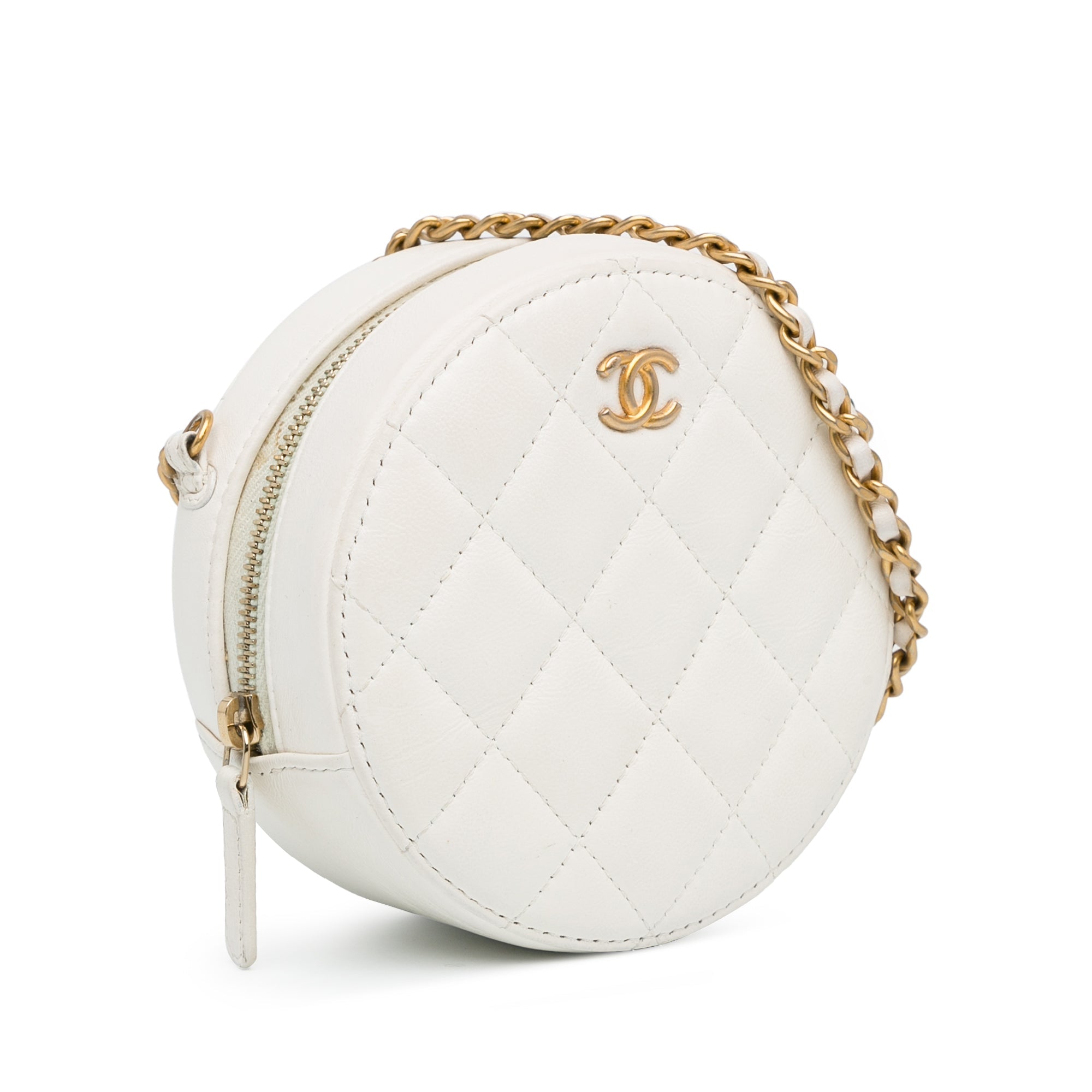 Chanel Quilted Lambskin Pearl Crush Round Clutch with Chain - The Boutique