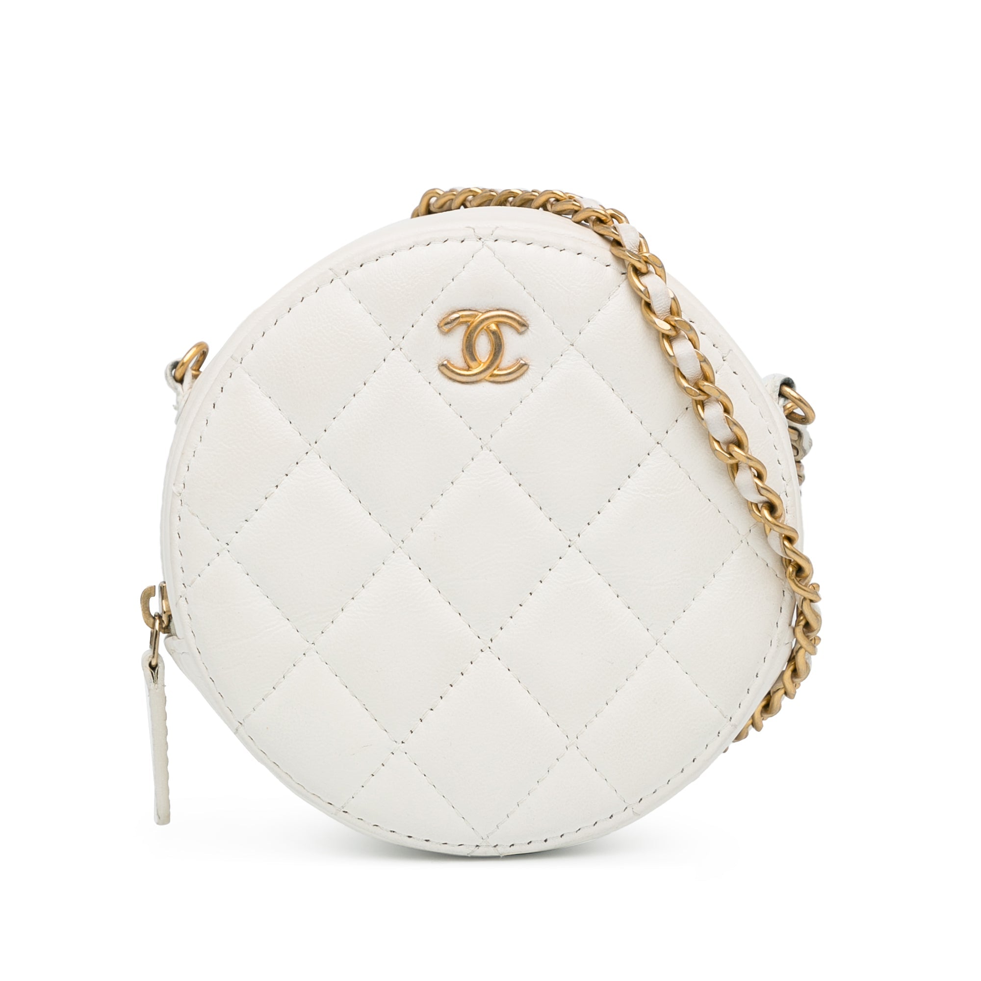 Chanel Quilted Lambskin Pearl Crush Round Clutch with Chain - The Boutique