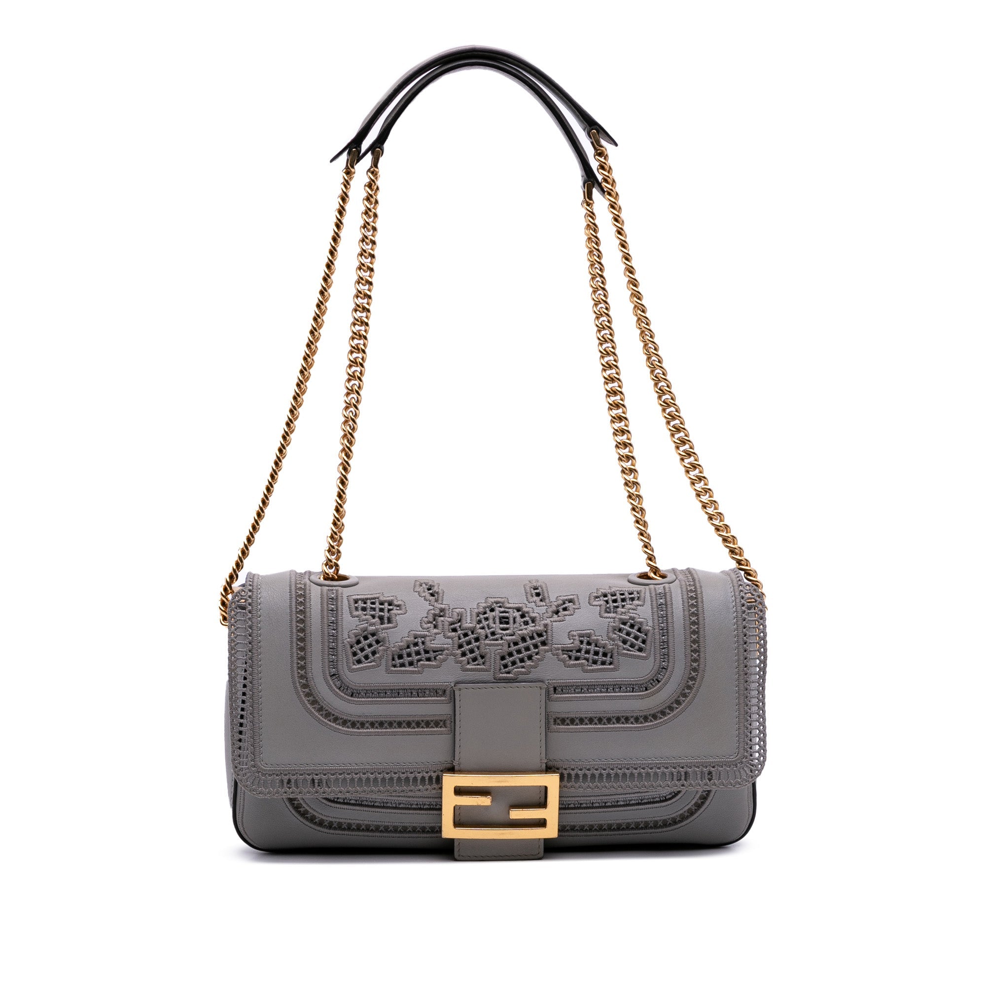 Fendi Embroidered Lace Leather Baguette Chain - The Boutique